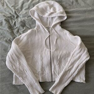 aerie White Cropped Hooded Knit Sweater